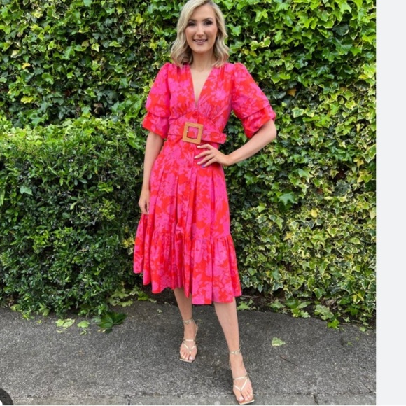 Savida Midi Dress NWT Red Pink Floral Puff Sleeve Belted Midi Tiered Ruffle - Picture 13 of 13